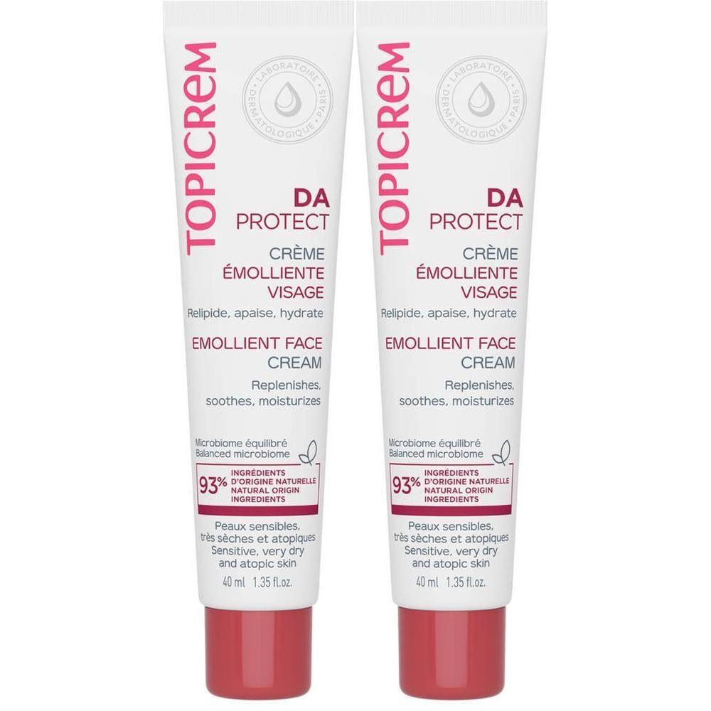 Twee tubes Topicrem DA Protect emollient gezichtscreme, 40 ml.