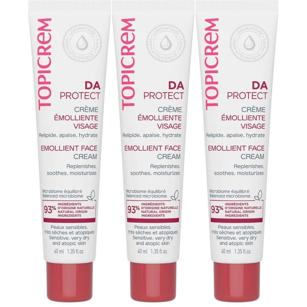 Drie tubes Topicrem DA Protect emollient gezichtscreme, 40 ml. Voor gevoelige, zeer droge en atopische huid.