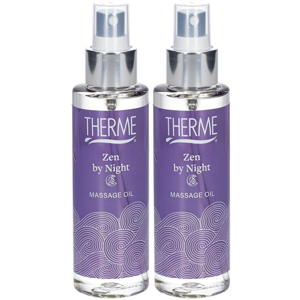 Twee flessen THERME Zen by Night massageolie met spuitkop en paars golvend patroon.