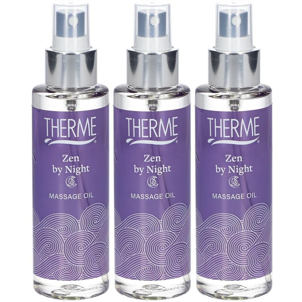 Trois flacons d'huile de massage THERME Zen by Night avec vaporisateur.