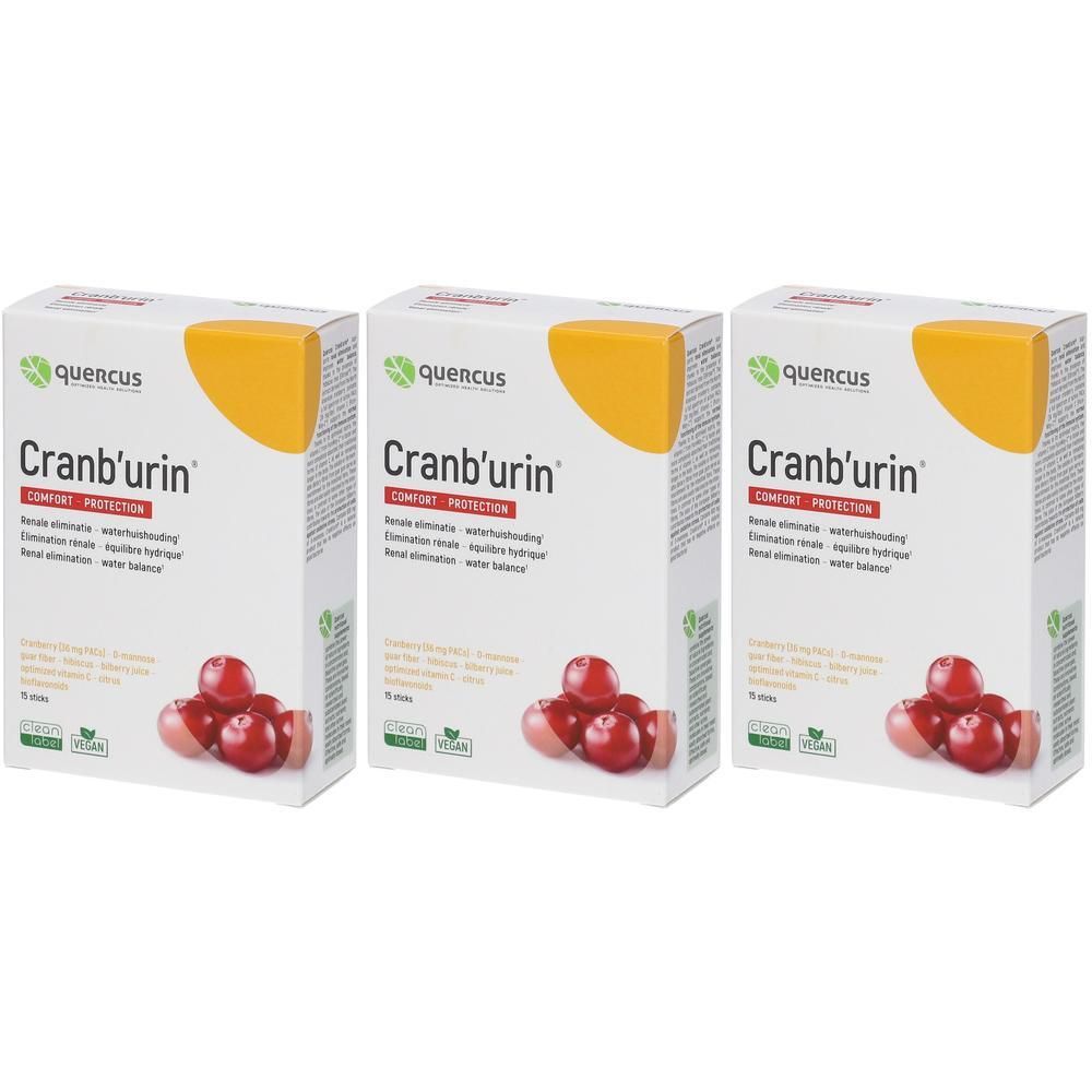 Drie pakken Quercus Cranb'urin Comfort Protection met cranberry's.