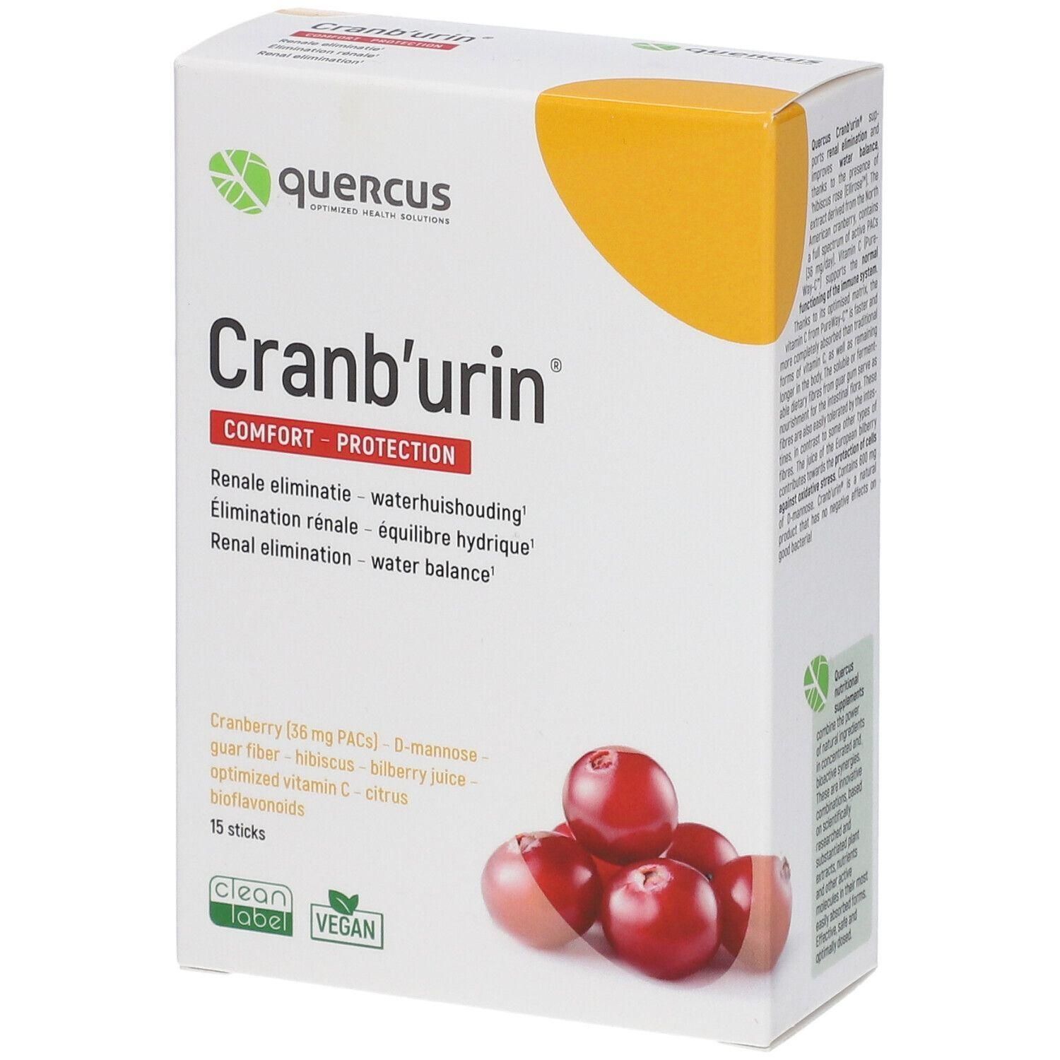 Quercus Cranb'urin Comfort Protection verpakking met 15 sticks, Cranberry en Vitamine C.