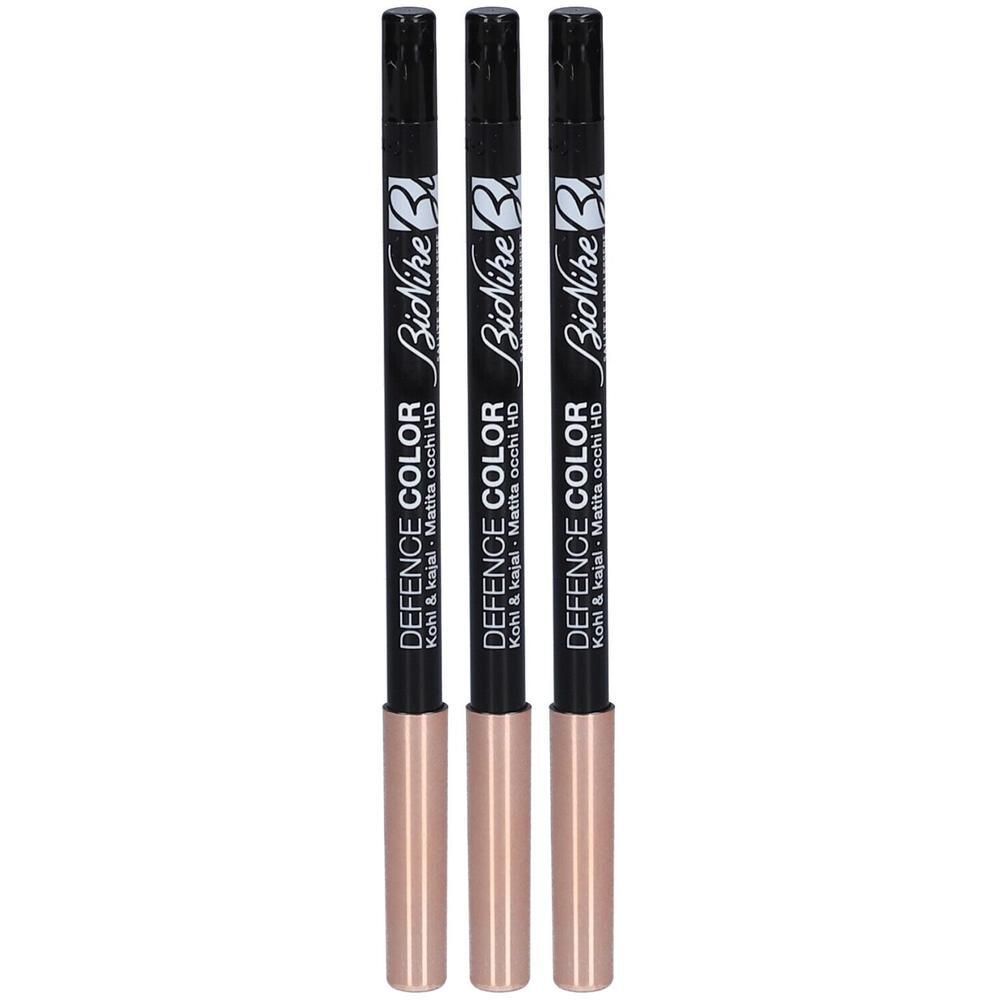 Drie zwarte kajalpotloden met roségouden schacht. Opschrift: BioNike Defence Color Kohl & Kajal HD.