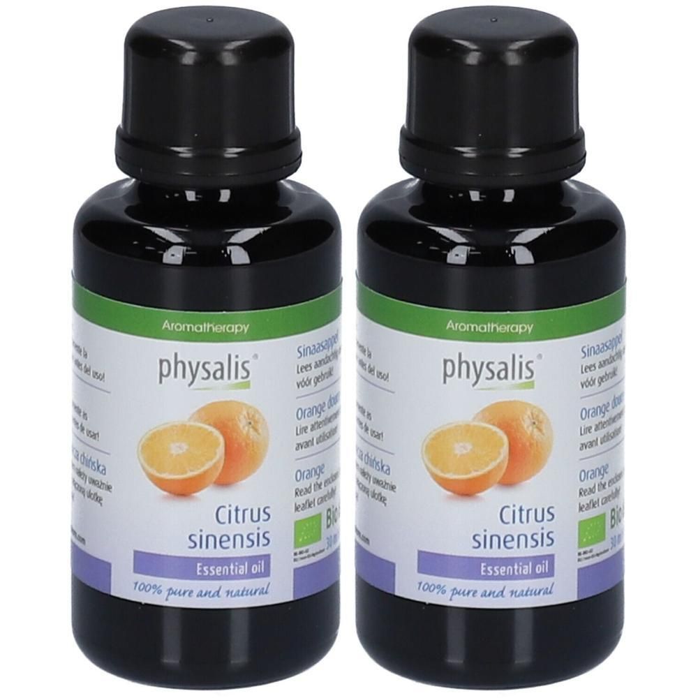 Twee flesjes Physalis Bio Citrus sinensis etherische olie. Met sinaasappelafbeelding en Bio-keurmerk.