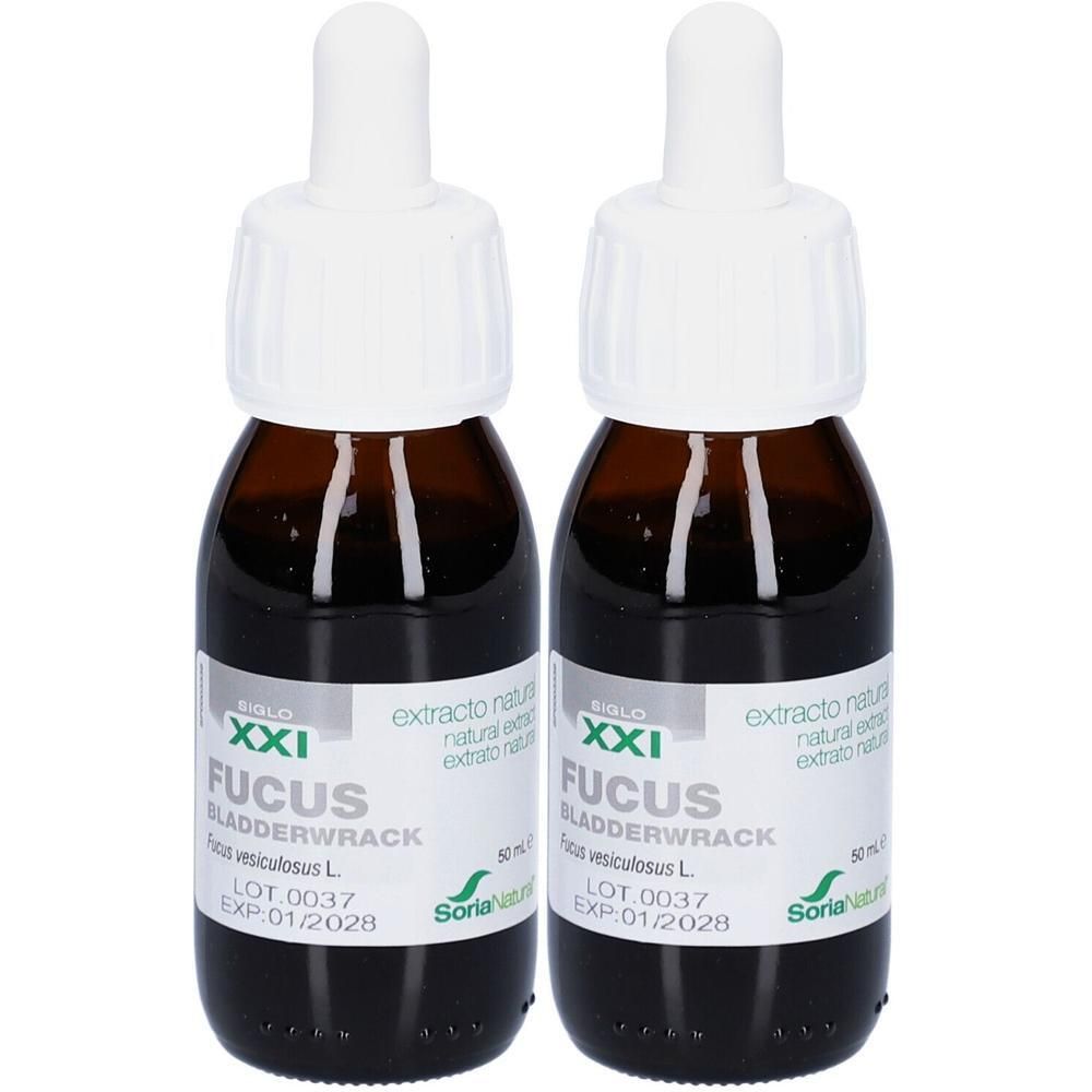 Twee bruine glazen flesjes met druppelaar, gevuld met donkere vloeistof. Etiketten tonen 'Fucus vesiculosus'.