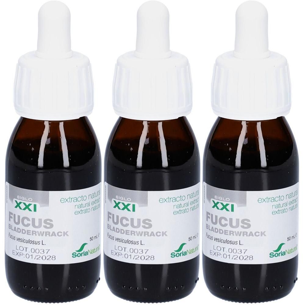 Trois flacons en verre brun avec compte-gouttes, contenant un liquide foncé. Étiquettes indiquant 'Fucus vesiculosus L.' et 'Soria Natural'.