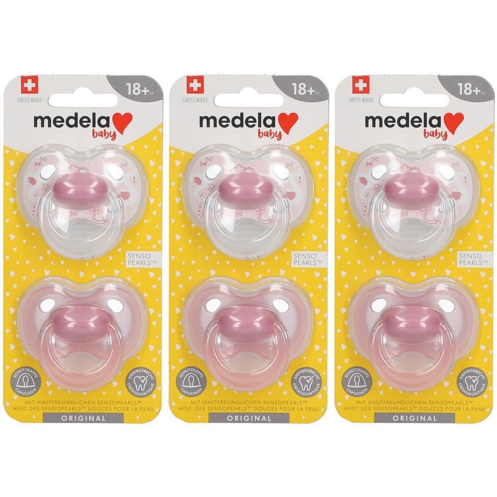 Twee roze Medela Baby fopspenen, 18+ maanden, in dubbelverpakking.