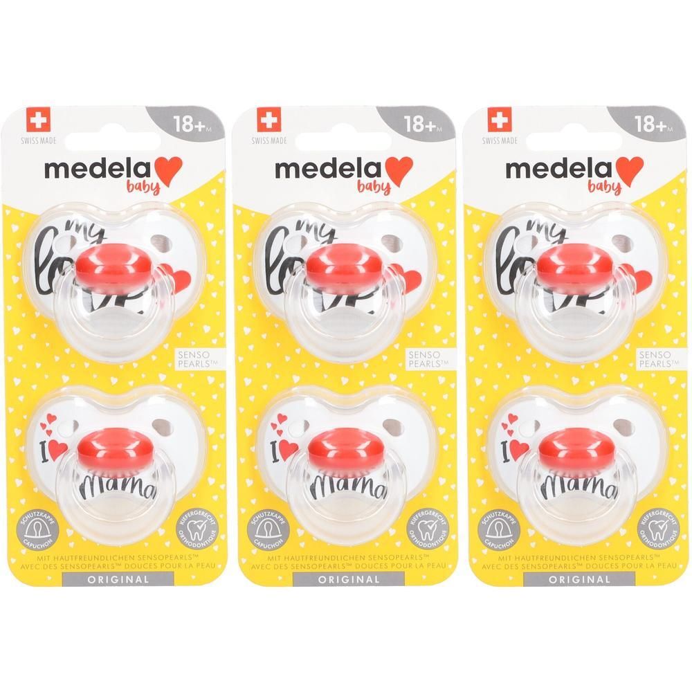 Trois sucettes Medela Original pour bébés de plus de 18 mois, avec inscriptions "I love mama" et "my love".
