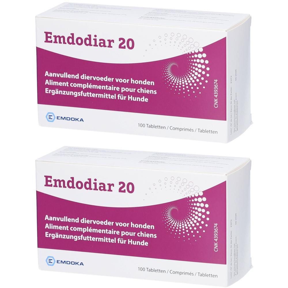 Deux boîtes d'Emdodiarr 20, aliment complémentaire pour chiens, 100 comprimés par boîte.