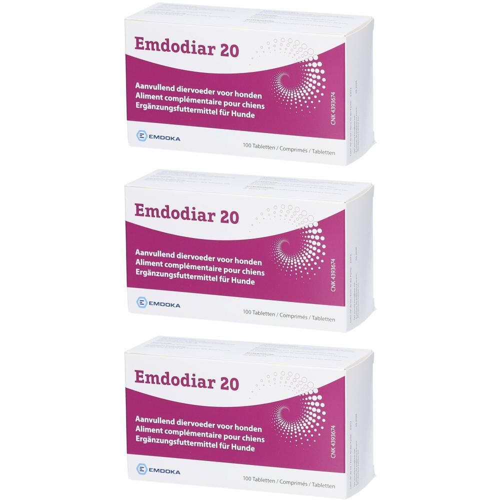 Trois boîtes d'Emdoka Emdiodar 20, aliment complémentaire pour chiens.