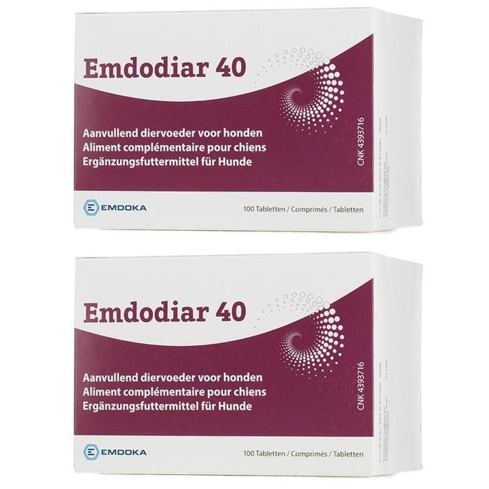 Deux boîtes d'Emdodiarr 40, aliment complémentaire pour chiens, 100 comprimés par boîte.