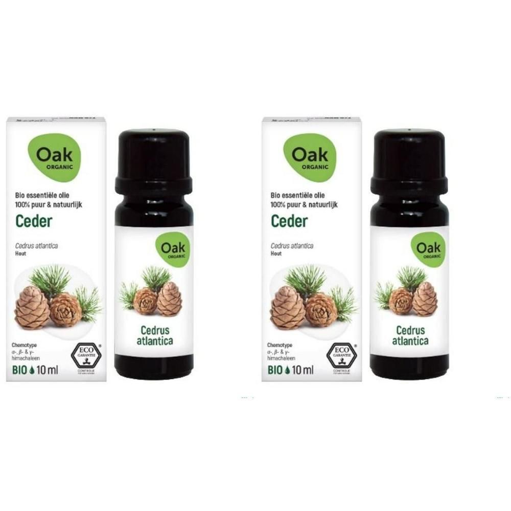 Deux flacons d'huile essentielle de cèdre bio Oak Organic, 10 ml chacun.