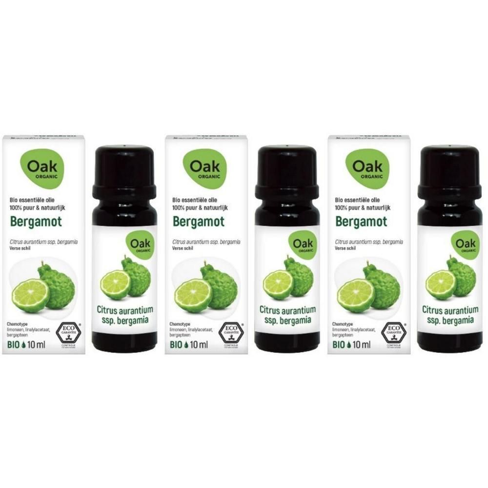 Cinq flacons d'huile essentielle Bio Bergamote Oak, avec illustration de fruit de bergamote.