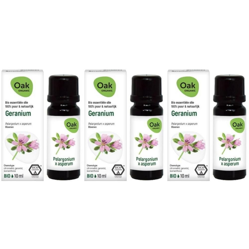 Cinq flacons d'huile essentielle Oak Organic Géranium. Chaque flacon présente une fleur rose et un bouchon noir.