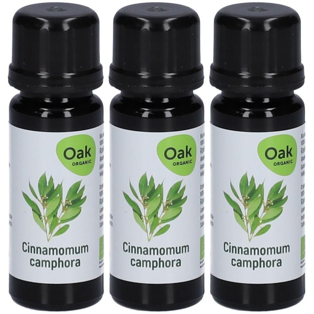 Drie flessen Oak Organic Cinnamomum camphora etherische olie met bladeren.