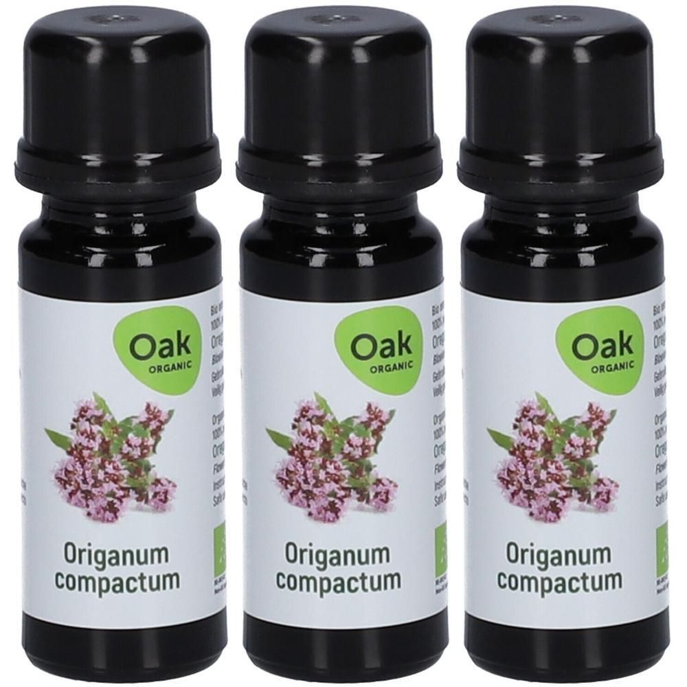Trois flacons en verre foncé avec bouchon noir, étiquette "Oak ORGANIC" et "Origanum compactum".