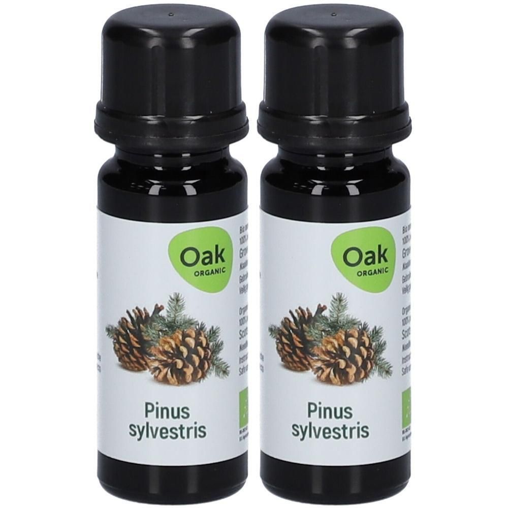 Deux flacons d'huile essentielle Oak Organic Pinus sylvestris avec illustration de pommes de pin.