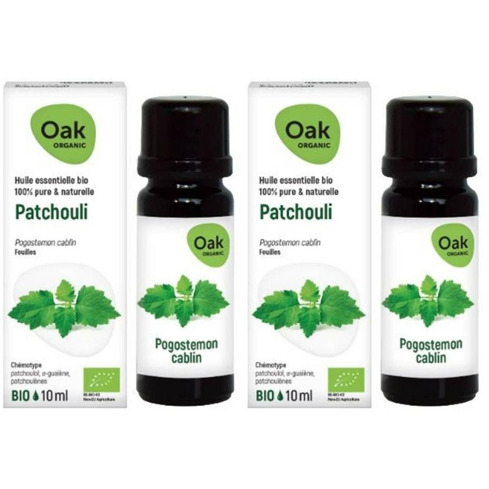 Huile essentielle bio Patchouli Oak Organic, flacon 10 ml avec feuilles.