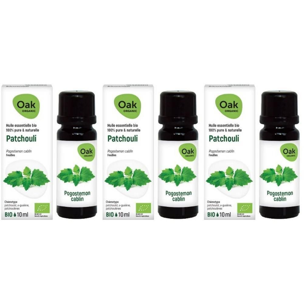 Cinq flacons d'huile essentielle bio Patchouli Oak Organic, 10 ml chacun.