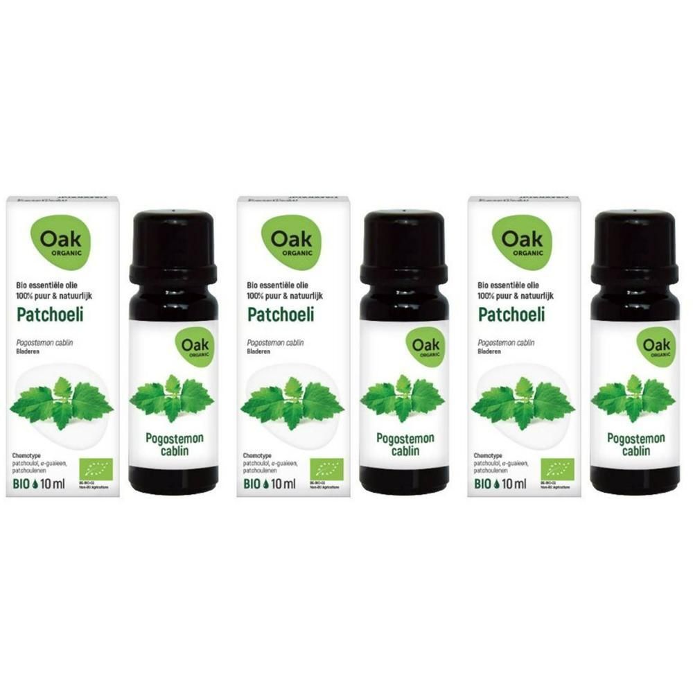 Vijf flessen Oak Organic Patchouli biologische etherische olie, elk 10 ml.