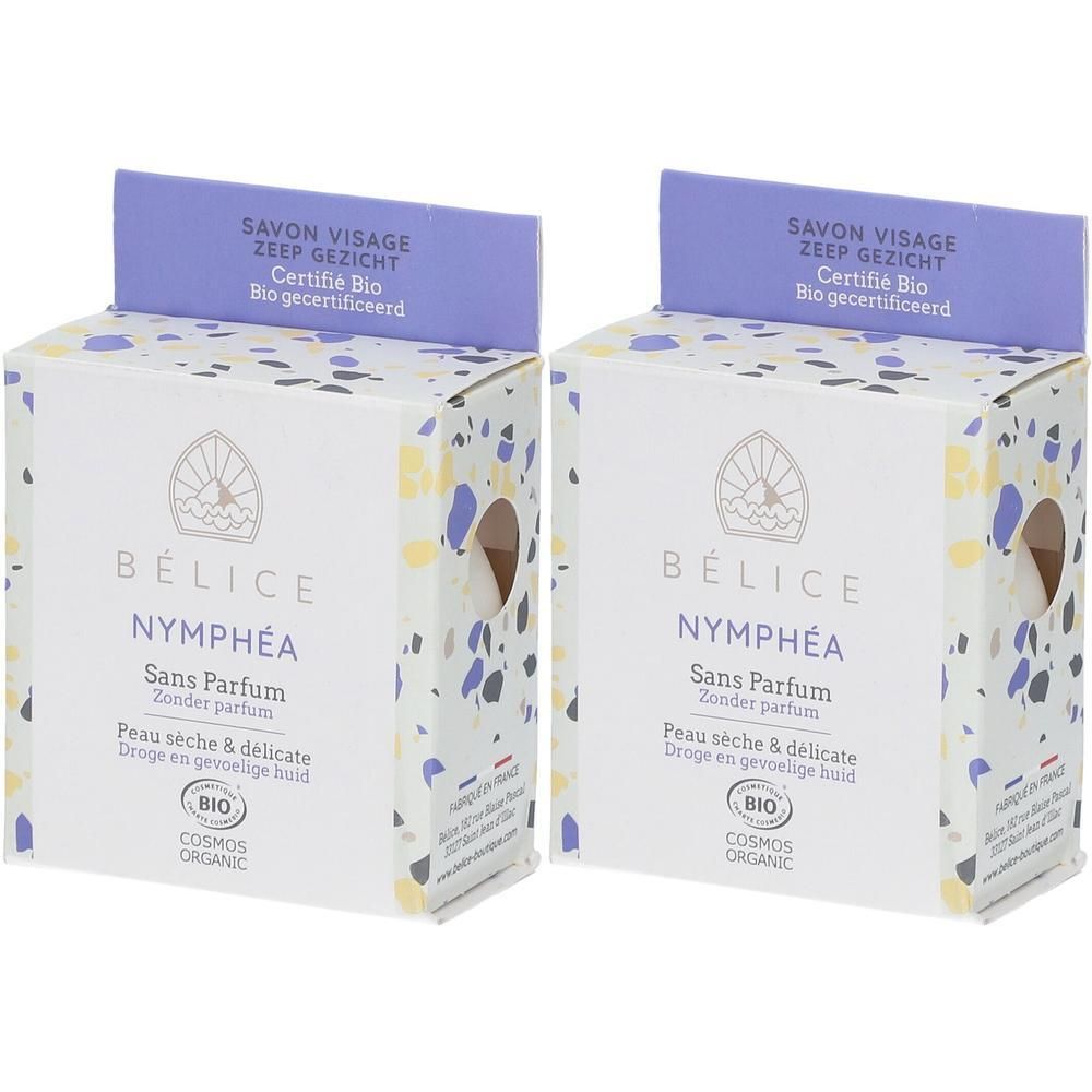 Deux paquets de savon visage Bélice Nymphéa pour peau sèche et délicate. Certifié Bio.