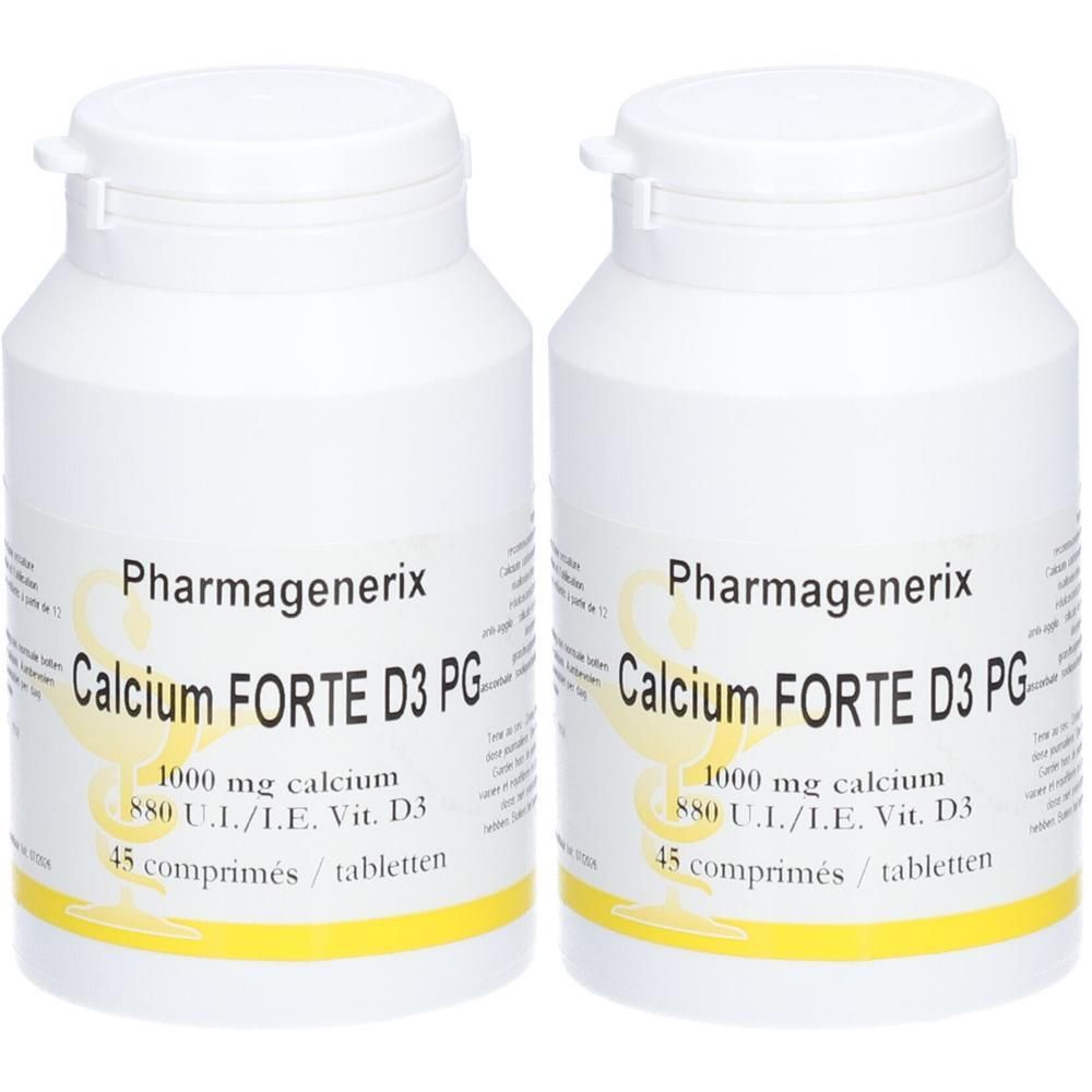 Deux contenants blancs avec des comprimés Pharmagenerix Calcium Forte D3 PG. Chaque flacon contient 45 comprimés.