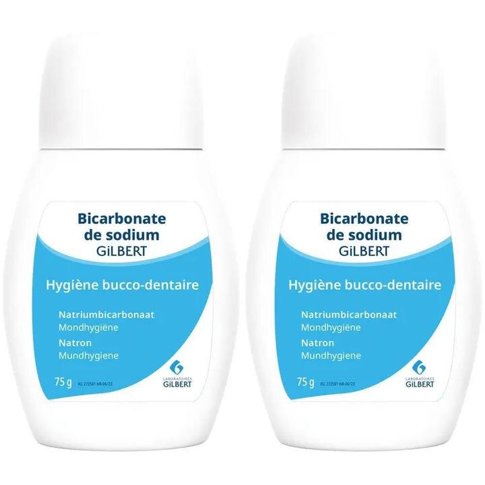 Deux flacons de Bicarbonate de sodium pour hygiène bucco-dentaire de Gilbert, 75g chacun.