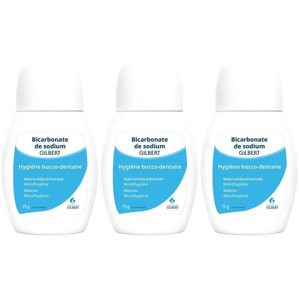 Trois flacons blancs de bicarbonate de sodium pour l'hygiène buccodentaire Gilbert, 75g chacun.