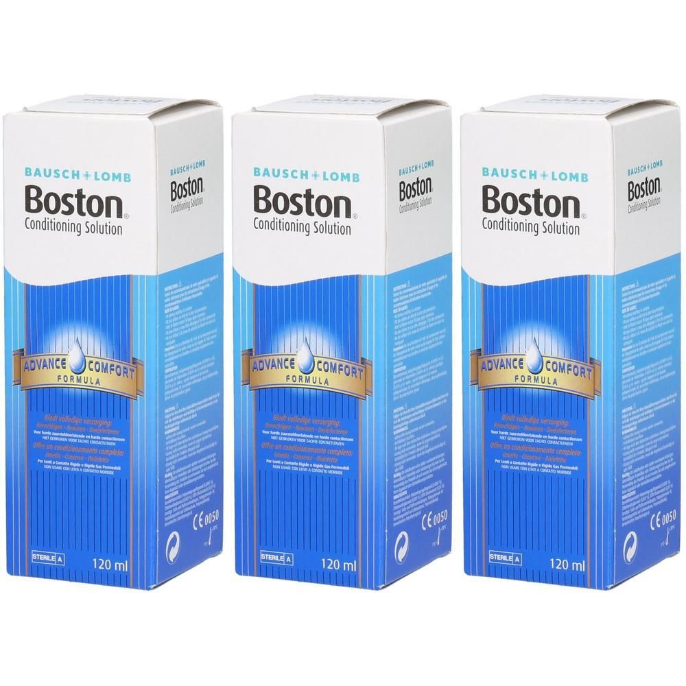 Trois boîtes de solution de conditionnement Boston Bausch + Lomb, 120 ml.