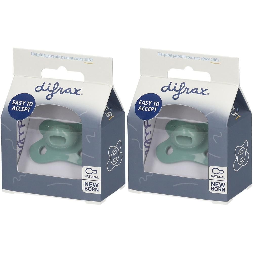 Deux sucettes Difrax vert menthe, inscription "Easy to Accept" et "New Born".