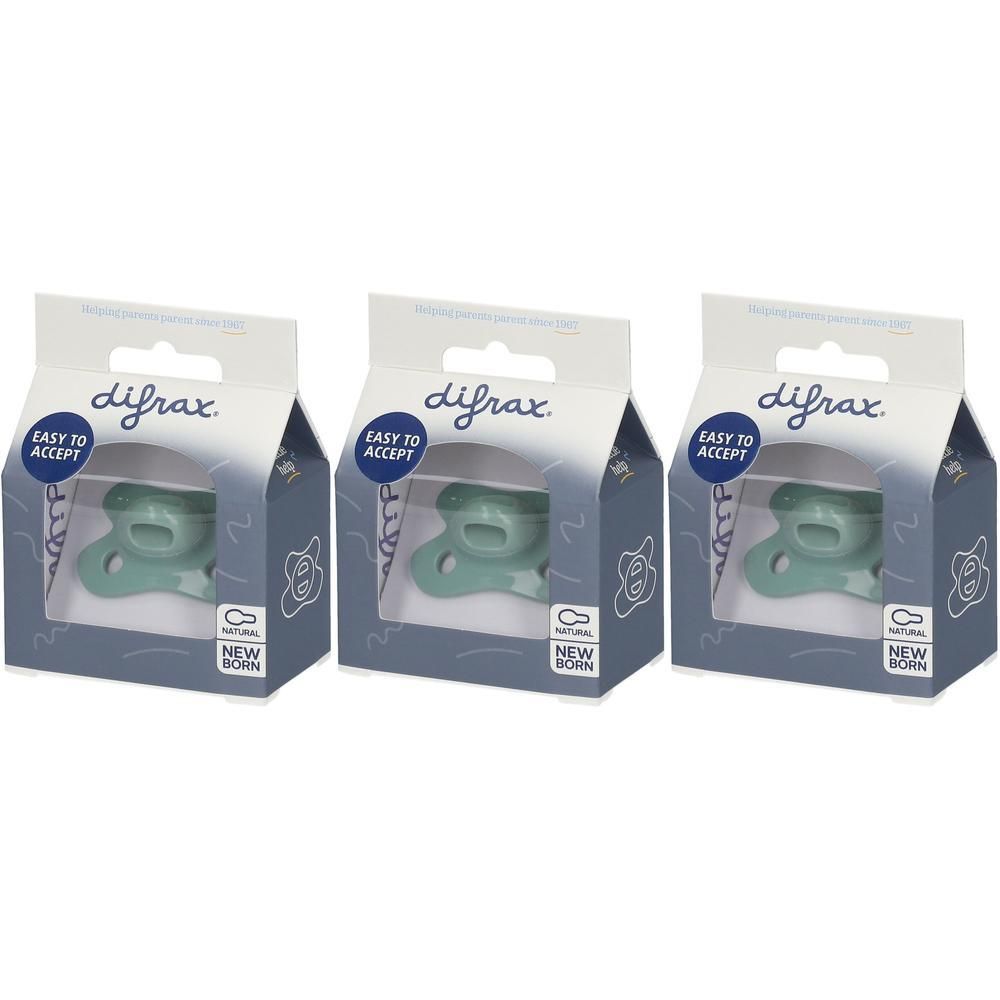 Trois sucettes Difrax vert menthe, chacune dans son emballage avec inscription 'Easy to Accept' et 'New Born'.