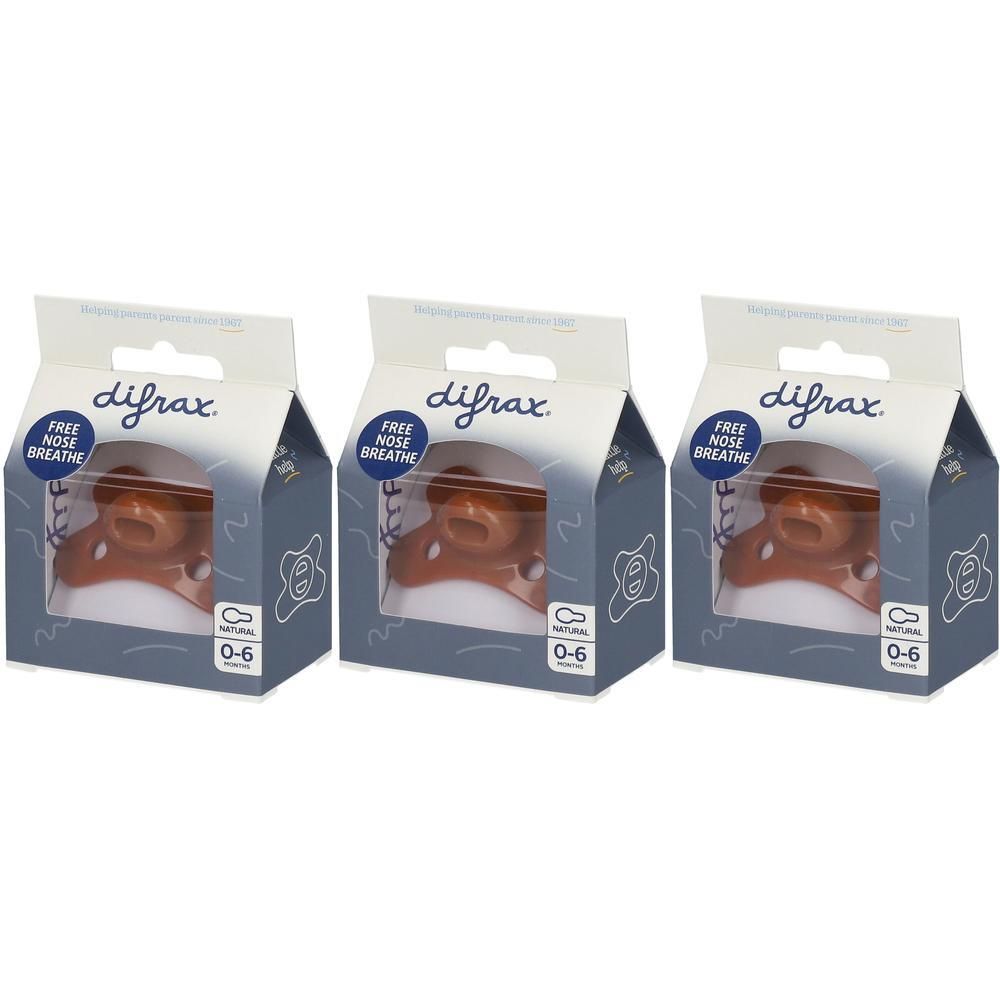 Trois paquets de sucettes Difrax, 0-6 mois, avec l'inscription 'Free Nose Breathe'.