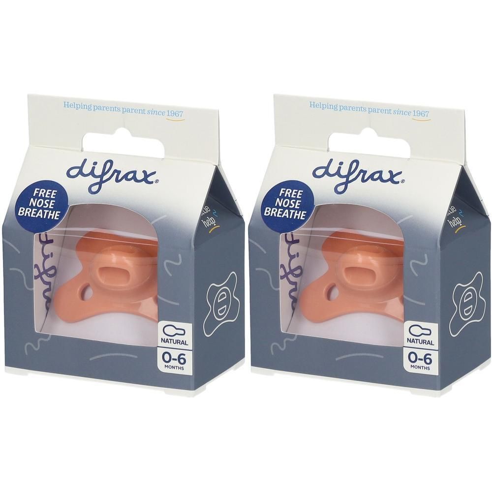 Deux sucettes Difrax roses, 0-6 mois, avec inscription "Free Nose Breathe".