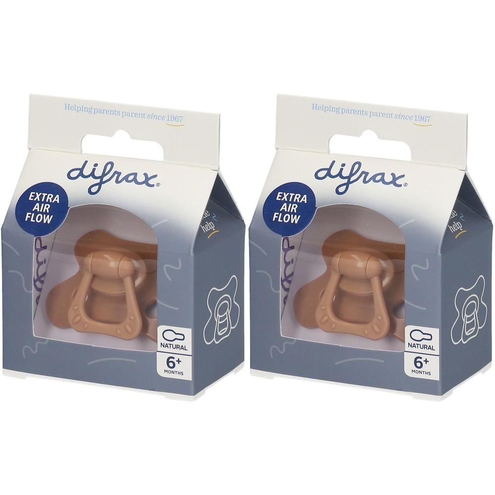 Twee Difrax fopspenen naturel, 6+ maanden, met "Extra Air Flow" aanduiding.