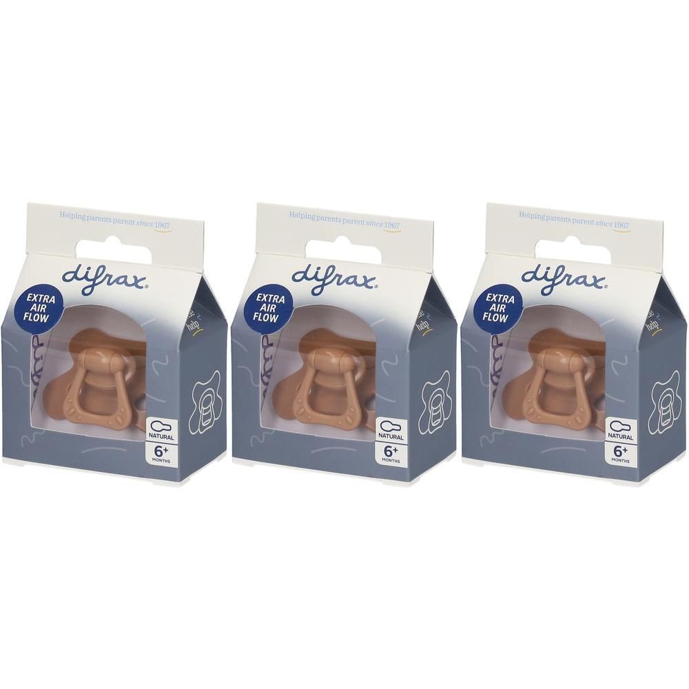 Trois paquets de sucettes Difrax avec inscription "Extra Air Flow" et "Natural 6+".