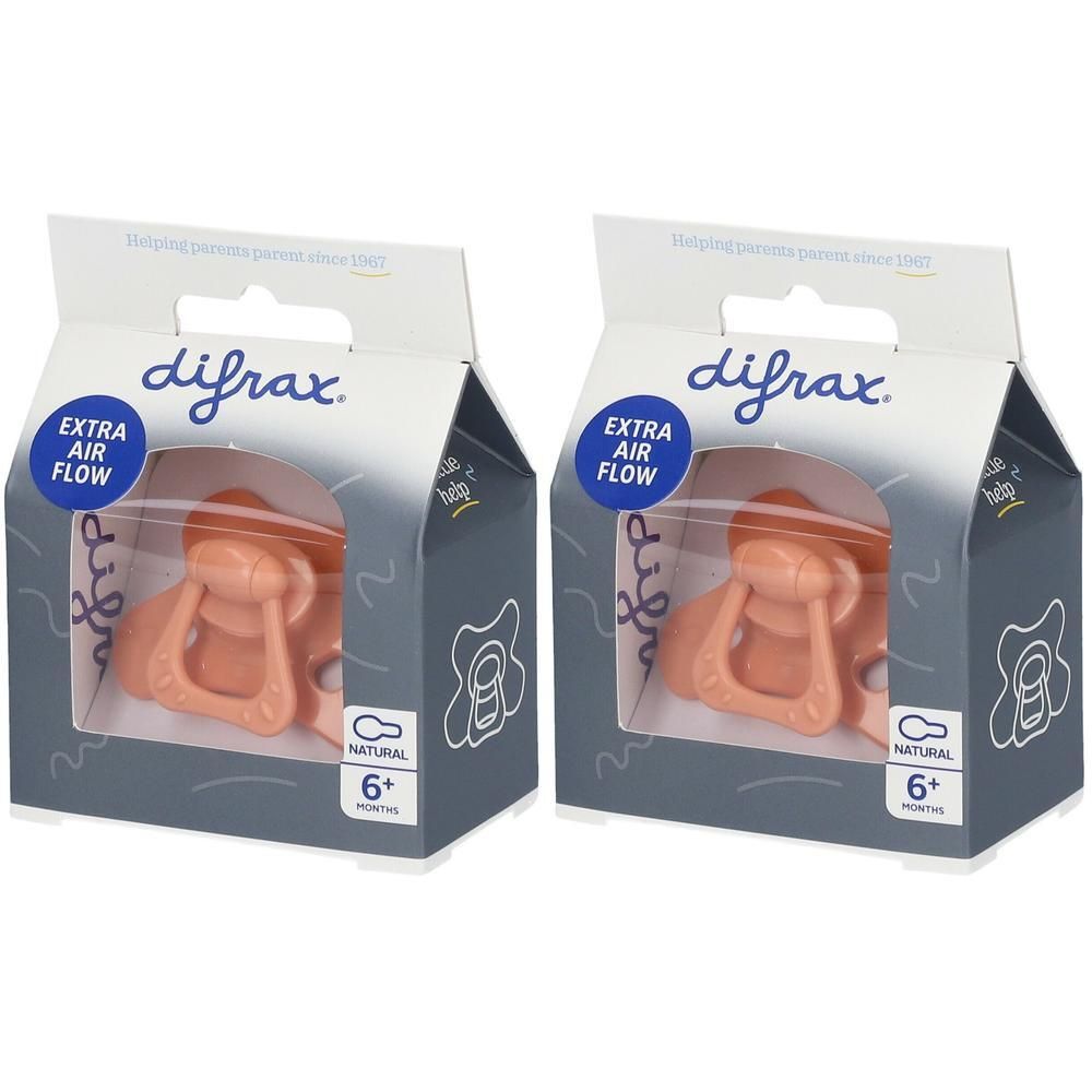 Deux sucettes Difrax couleur pêche, 6+ mois, avec fonction "Extra Air Flow".