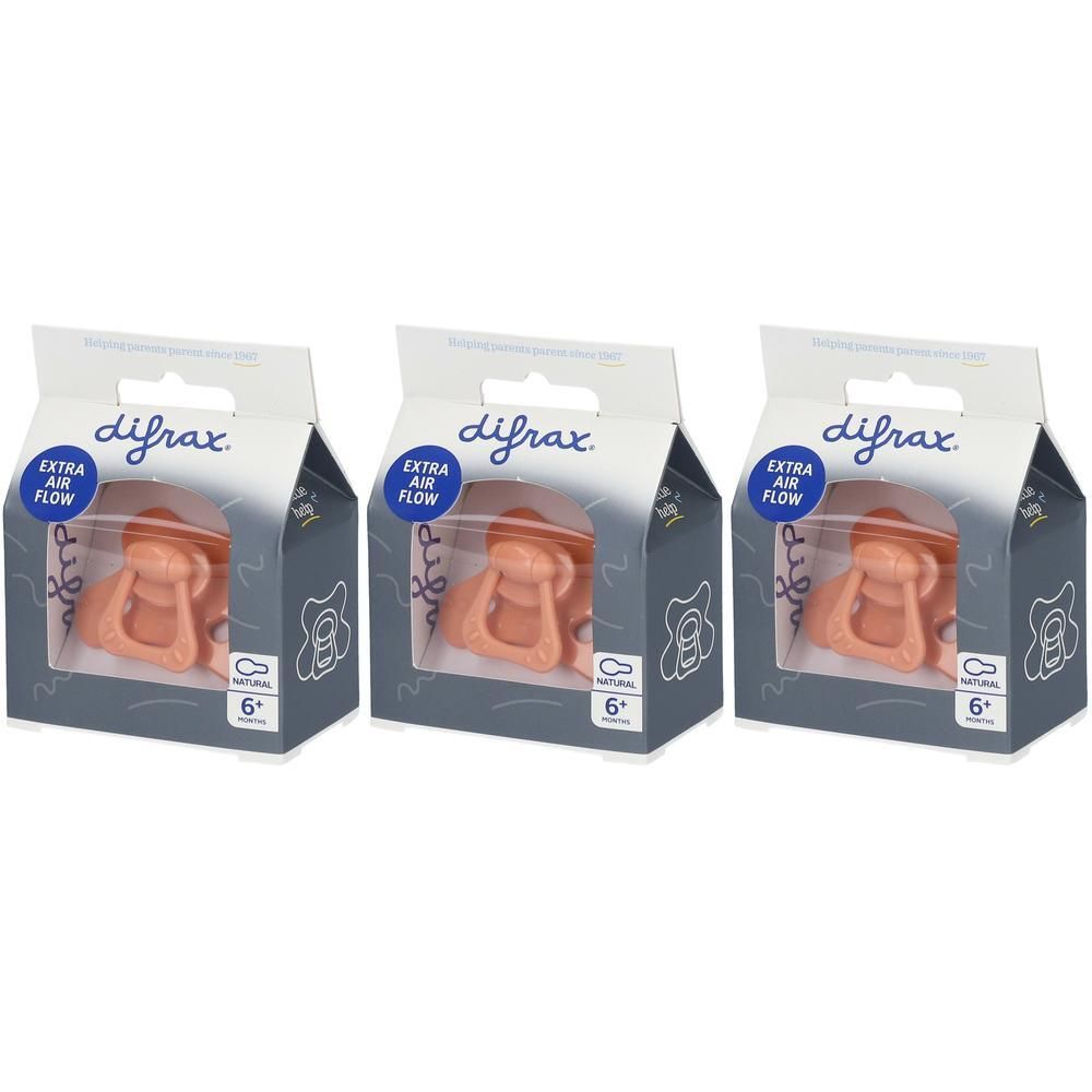 Drie Difrax fopspeentjes peachy roze, 6+ maanden, met 'Extra Air Flow' functie.