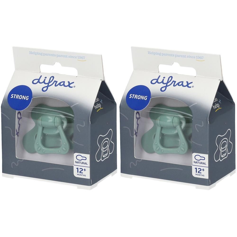 Deux sucettes Difrax vert menthe, 12+ mois, en emballage carton.