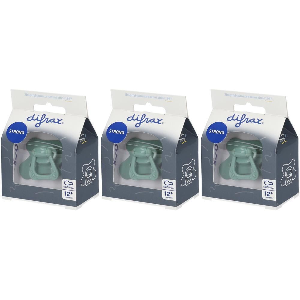 Trois sucettes Difrax "Strong" vert sauge, pour bébés dès 12 mois, en boîte.