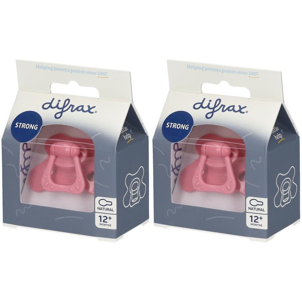 Twee Difrax fopspeen roze, 12+ maanden, in kartonnen verpakking.