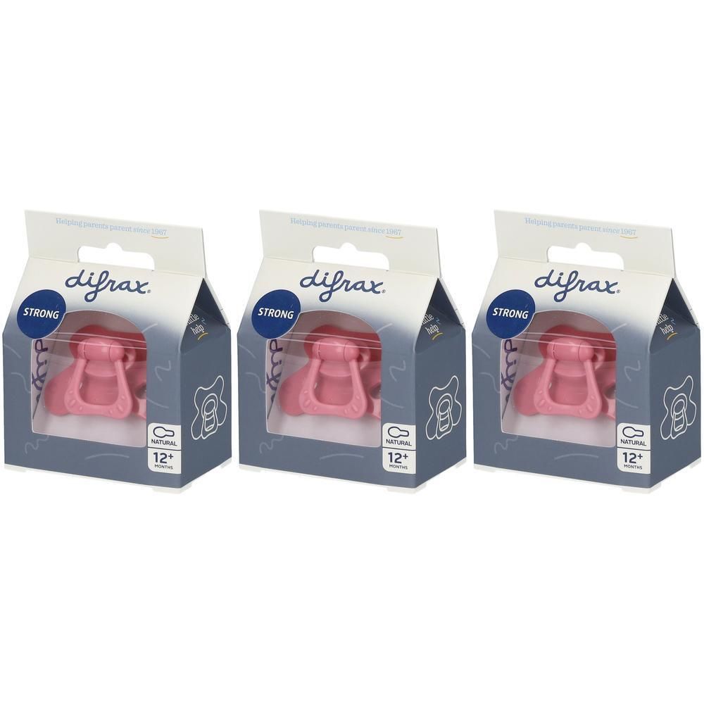 Drie Difrax fopspenen in roze, 12+ maanden, met "Strong" en "Natural" opdruk.
