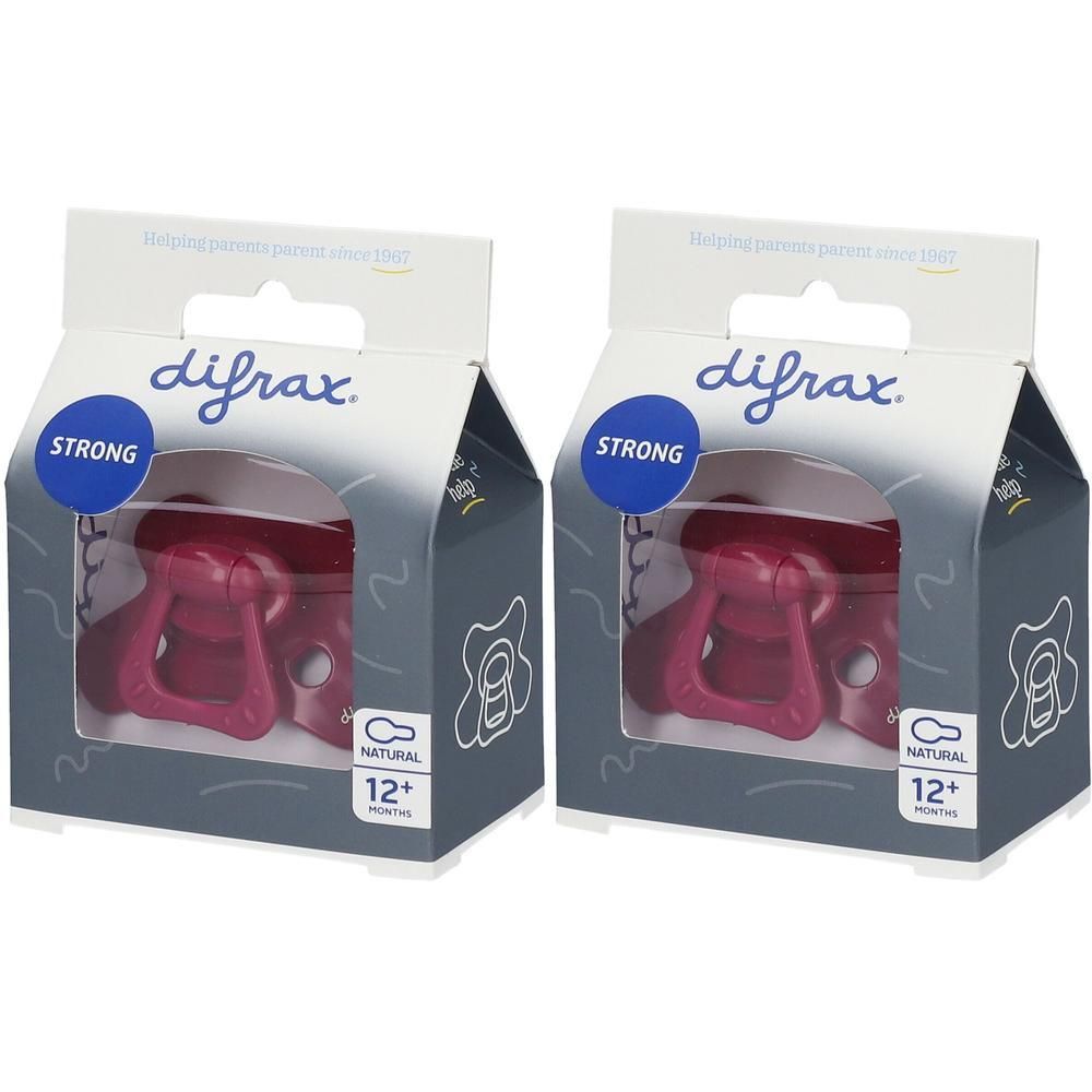 Twee Difrax "Strong" fopspeentjes roze, 12+ maanden, in verpakking.