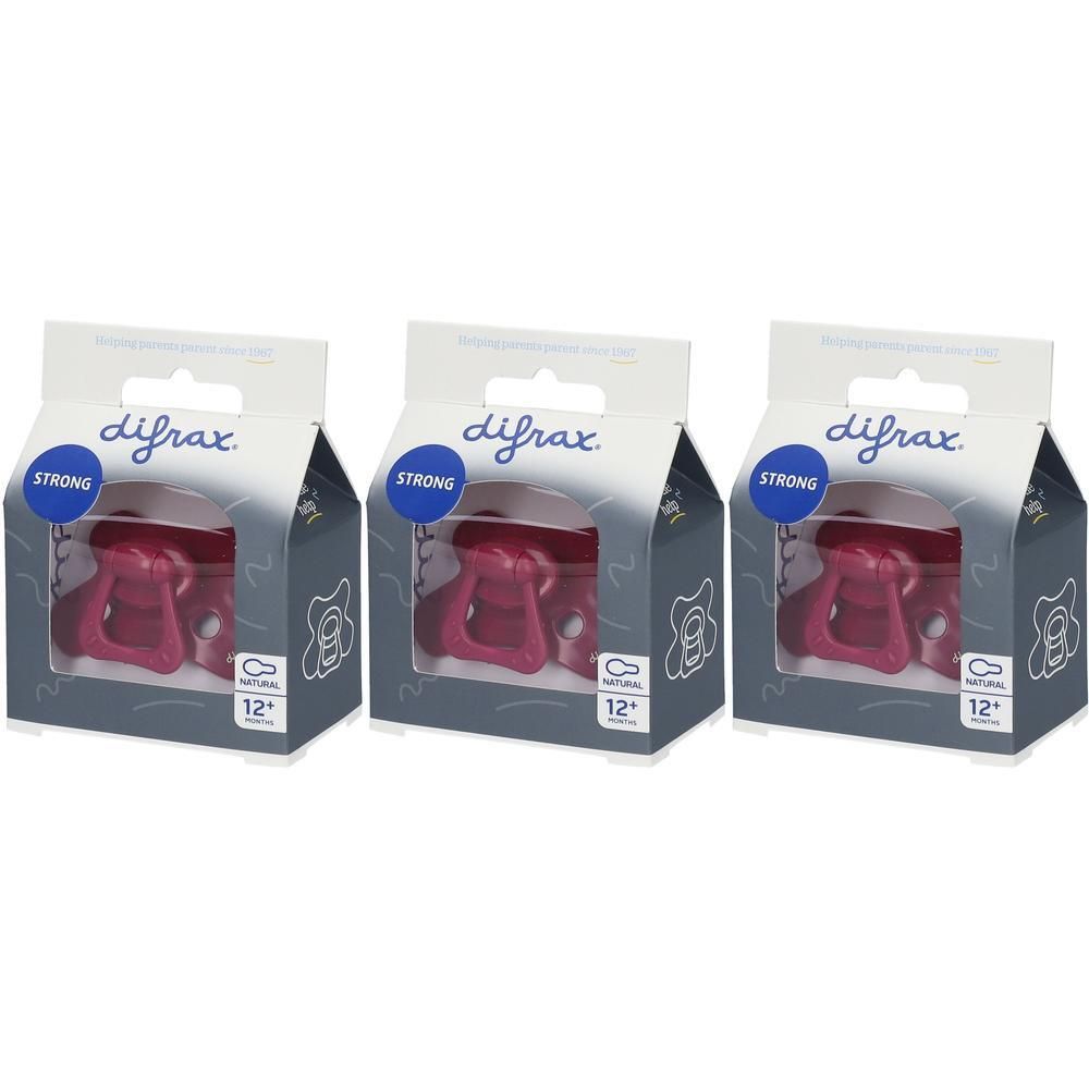 Trois sucettes Difrax couleur baie, 12+ mois, en boîte.