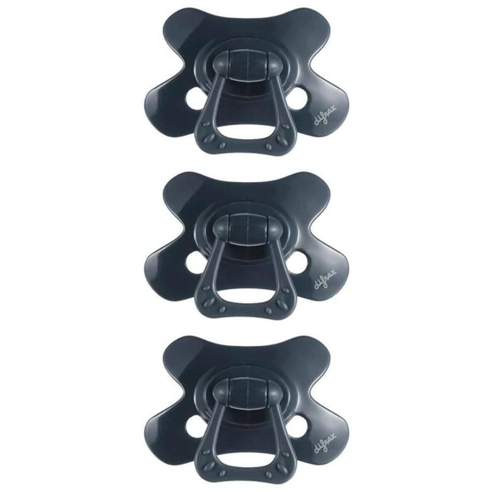 Trois sucettes Difrax gris foncé avec anneau et trous d'aération.