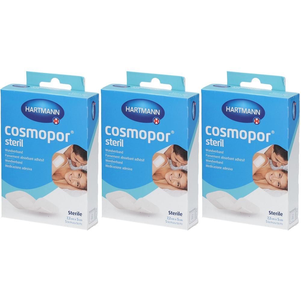 Drie pakken Hartmann Cosmopor steriel verband, 7,2 cm x 5 cm.