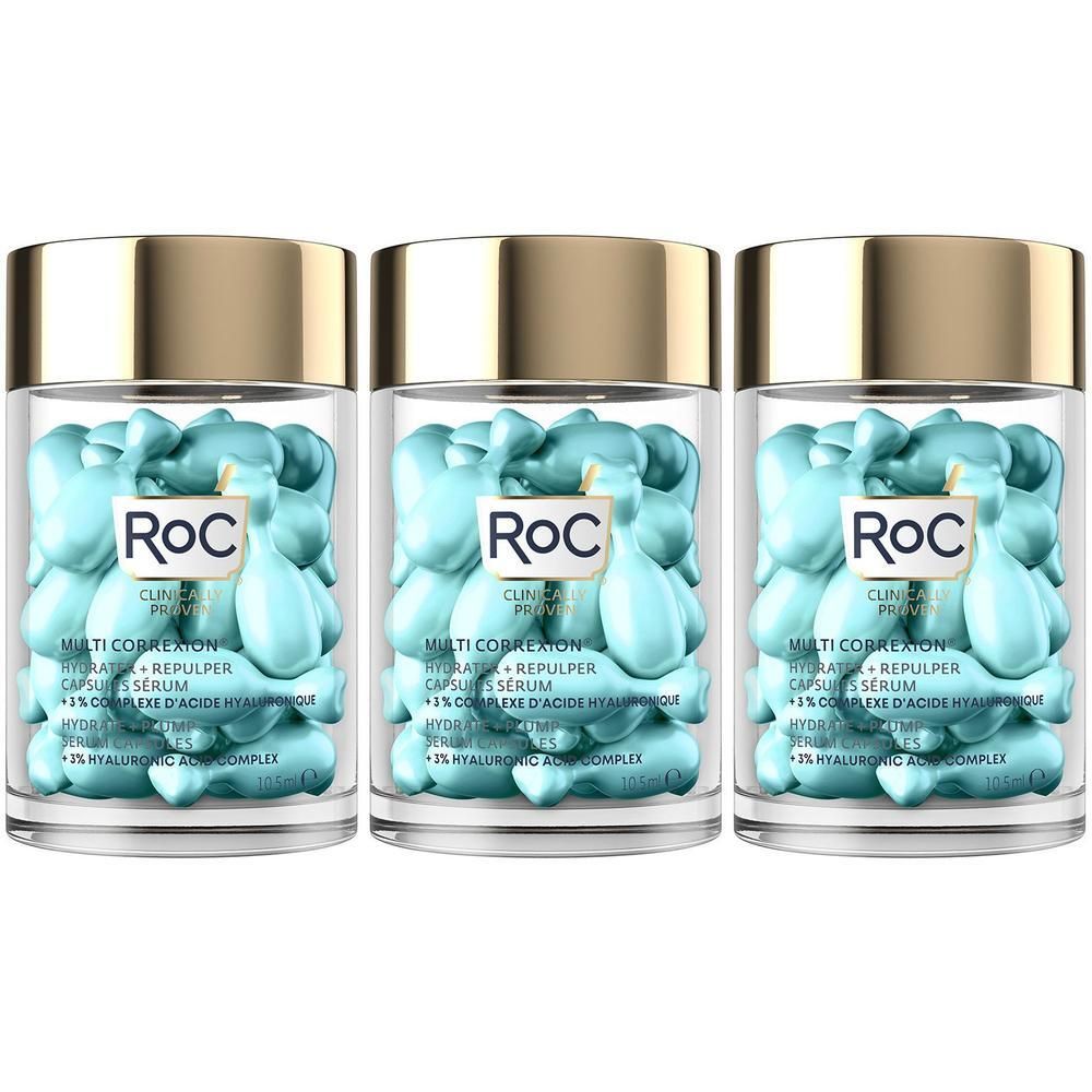 Trois contenants de capsules de sérum RoC.