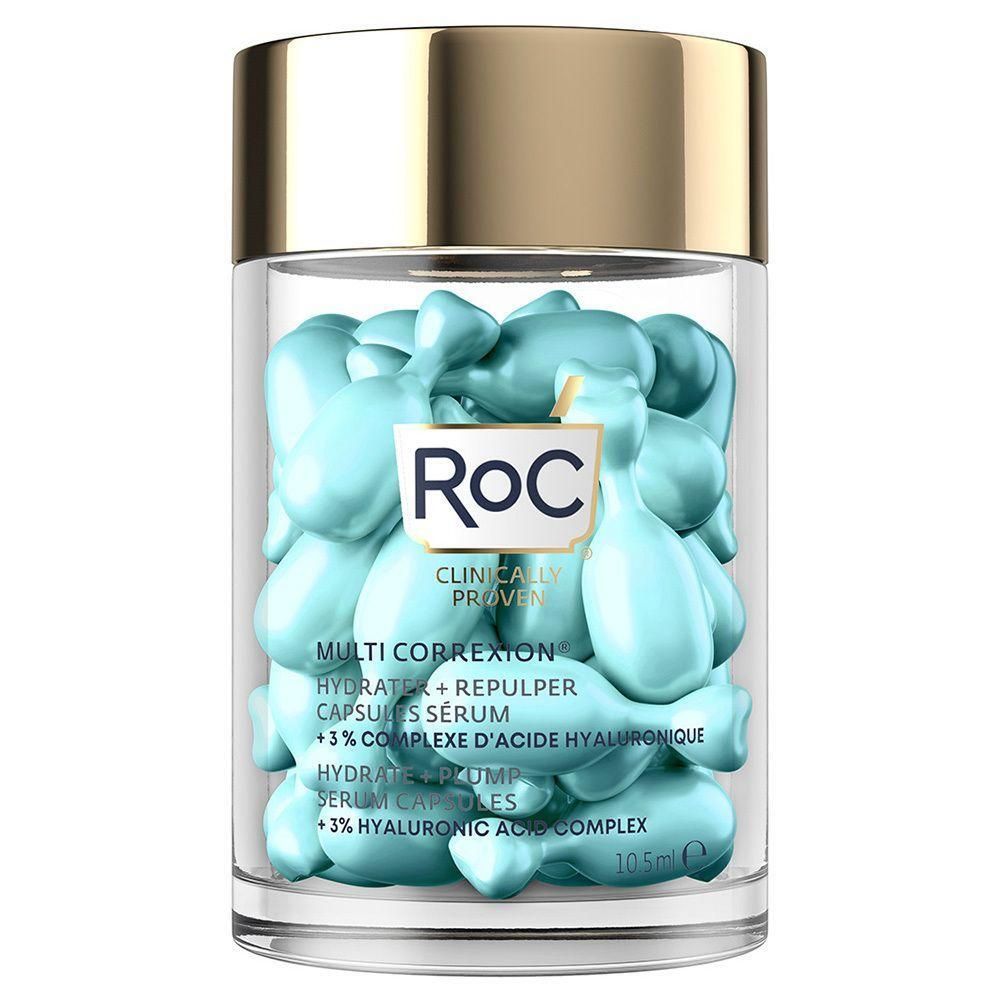 Capsules de sérum RoC Multi Correxion dans un flacon transparent avec un couvercle doré.