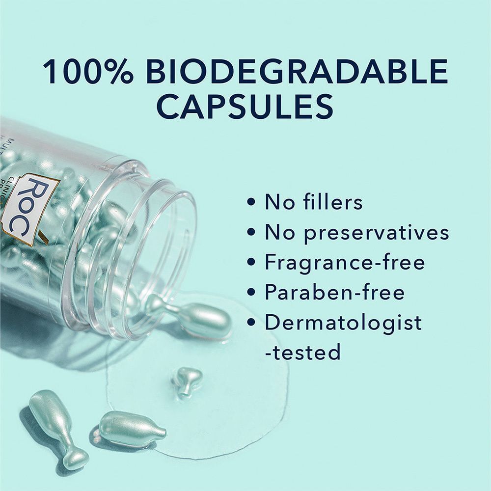 RoC serumcapsules: 100% biologisch afbreekbaar, zonder vulstoffen, conserveermiddelen, geurstoffen, parabenen. Dermatologisch getest.