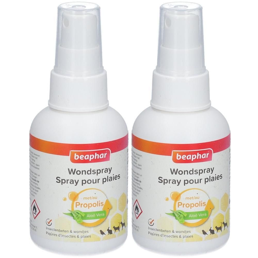 Deux flacons de spray Beaphar pour plaies, au Propolis et Aloe Vera.
