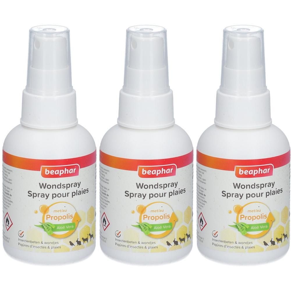 Trois flacons de spray pour plaies Beaphar avec Propolis et Aloe Vera. Flacons blancs avec étiquette orange-rouge.